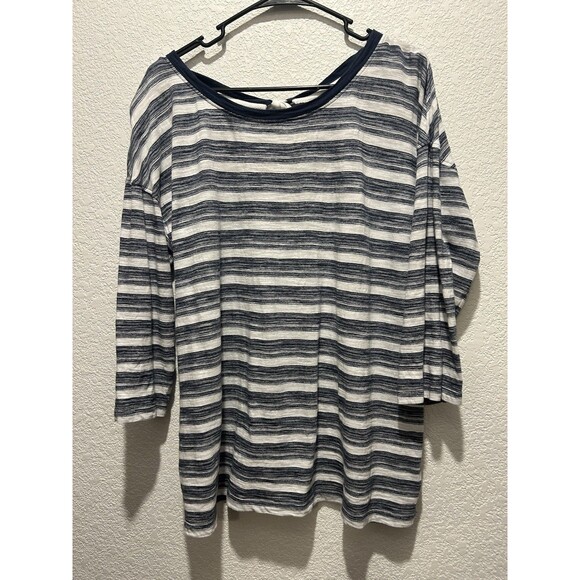 T by Talbots Tee Top Women Large Bow Back Strech 3/4 Sleeve Blue White Striped - Picture 1 of 7